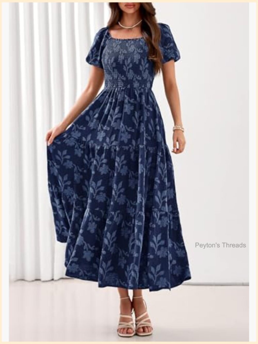Boho Maxi Dress Floral Short Sleeve Square Neck Smocked Flowy Long Vacation - Picture 3 of 7